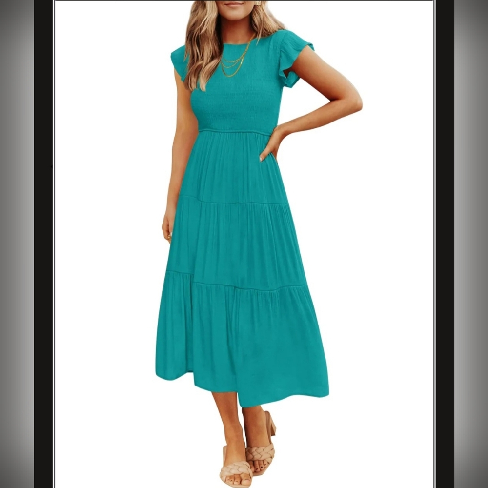 ZESICA Flutter Short Sleeve Smocked Tiered Midi Dress Women's Size M